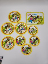 Vintage Tin Litho Childs Set Jack and Jill Tray Plates and Sauces Lot of 8 AS IS