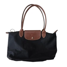 Longchamp Le Pliage Small Tote Bag Black Nylon Brown Leather Foldable Travel