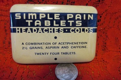 Simple Pain Tablets, Headaches Colds Eby Co Dist Marengo, Iowa Vintage Tin full