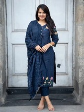 Elegant Navy Blue Embroidered Kurta Set with Dupatta for Women S TO 3XL