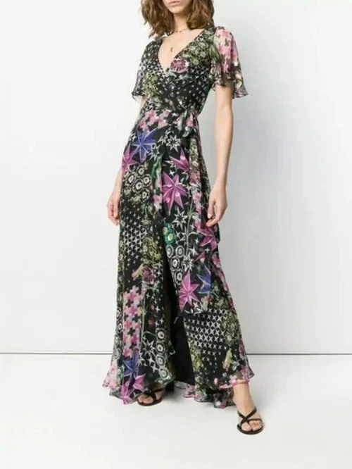 Maxi Vestido Temperley London Claudette Negro Multi Envoltura Largo Floral Vestido Femenino Foto 3 de 4