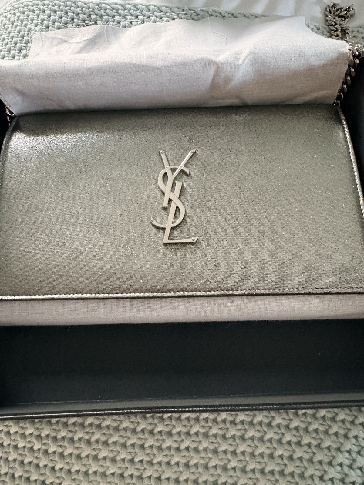 YSL Mono Mini Cassandra Envelope Bag With Chain In Anthracite Grey Napa Leather