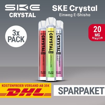 3 x SKE Crystal Bar 600 E-Zigarette E-Shisha - 20mg Nikotin - Alle Sorten