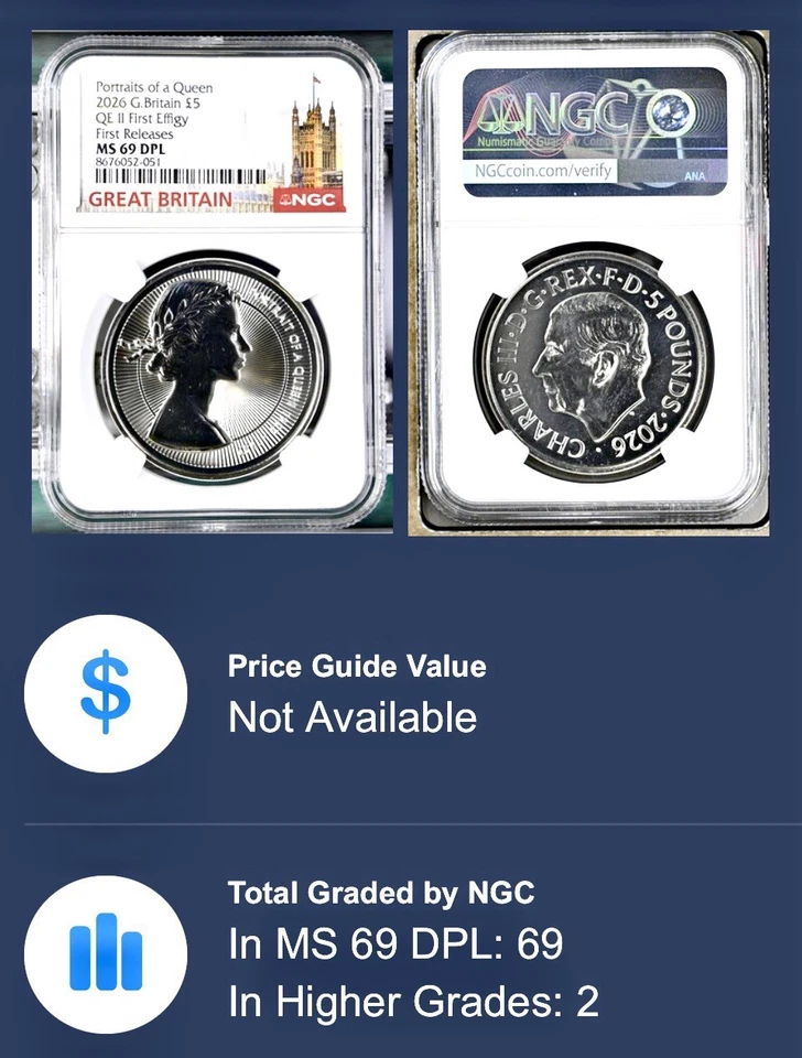 2026 GB 5PD NGC MS69 DPL QEII PORTRAITS OF A QUEEN - 1ST EFFIGY FIRST RELEASES - Image 3 of 3