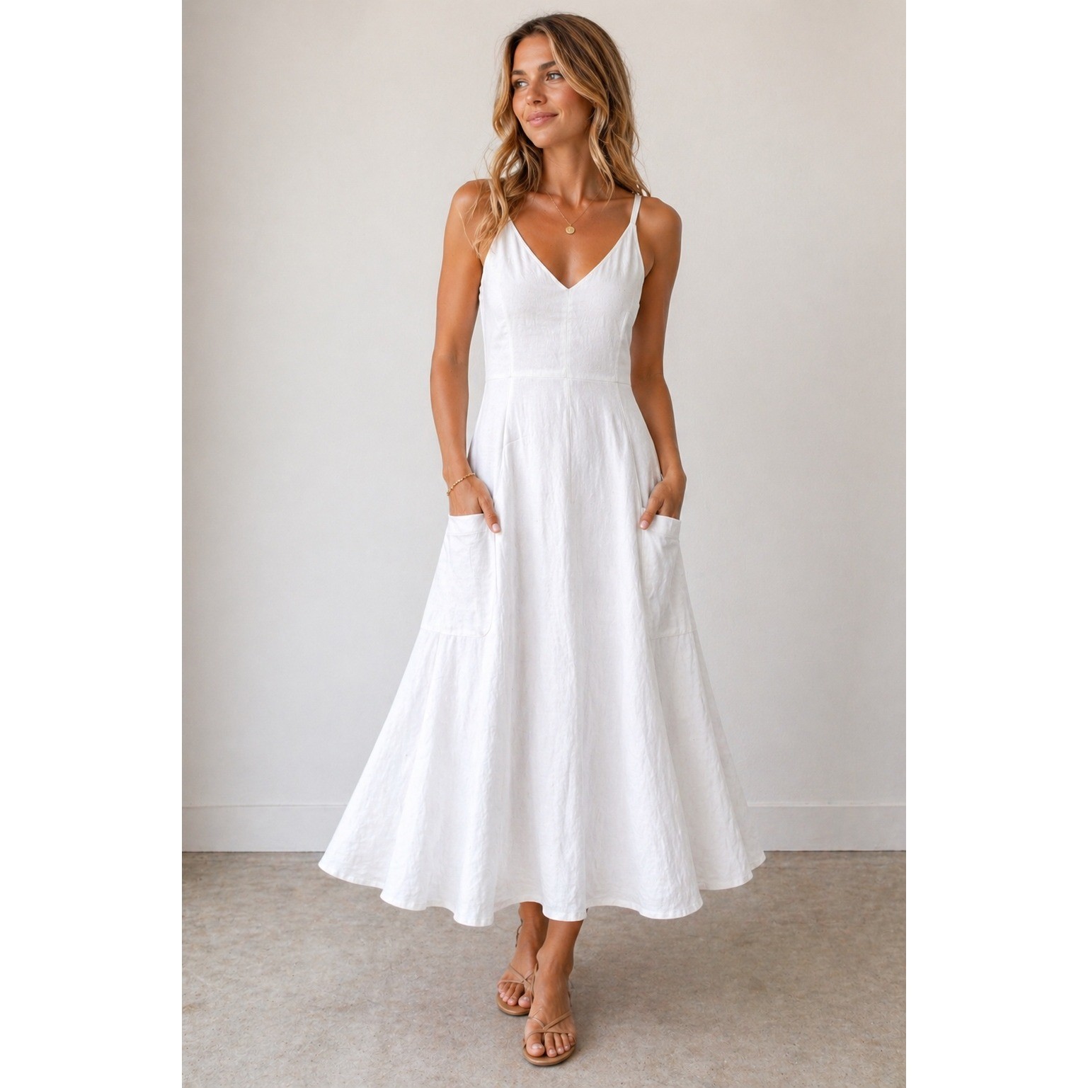 Vince NWT Womens Optic White Linen Blend V-Neck Sleeveless Midi Dress Lined