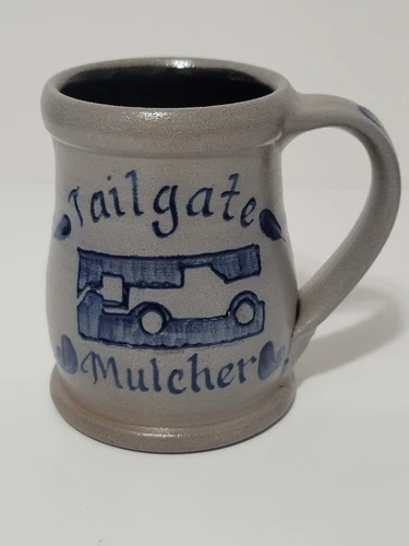 Vintage 2002 Rowe Pottery Works Blue Salt Glazed Stoneware Mug "Tailgate Mulcher