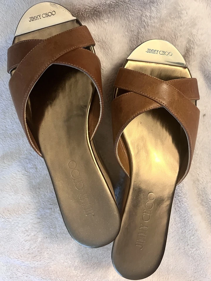全新 Jimmy Choo 鞋,37,金色标志,西班牙,软木厚底楔形,棕色凉鞋 — 第 2/4 张图片