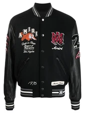 AMIRI Men’s Black Varsity Jacket – Leather Sleeves, Logo Patch, Tiger Design