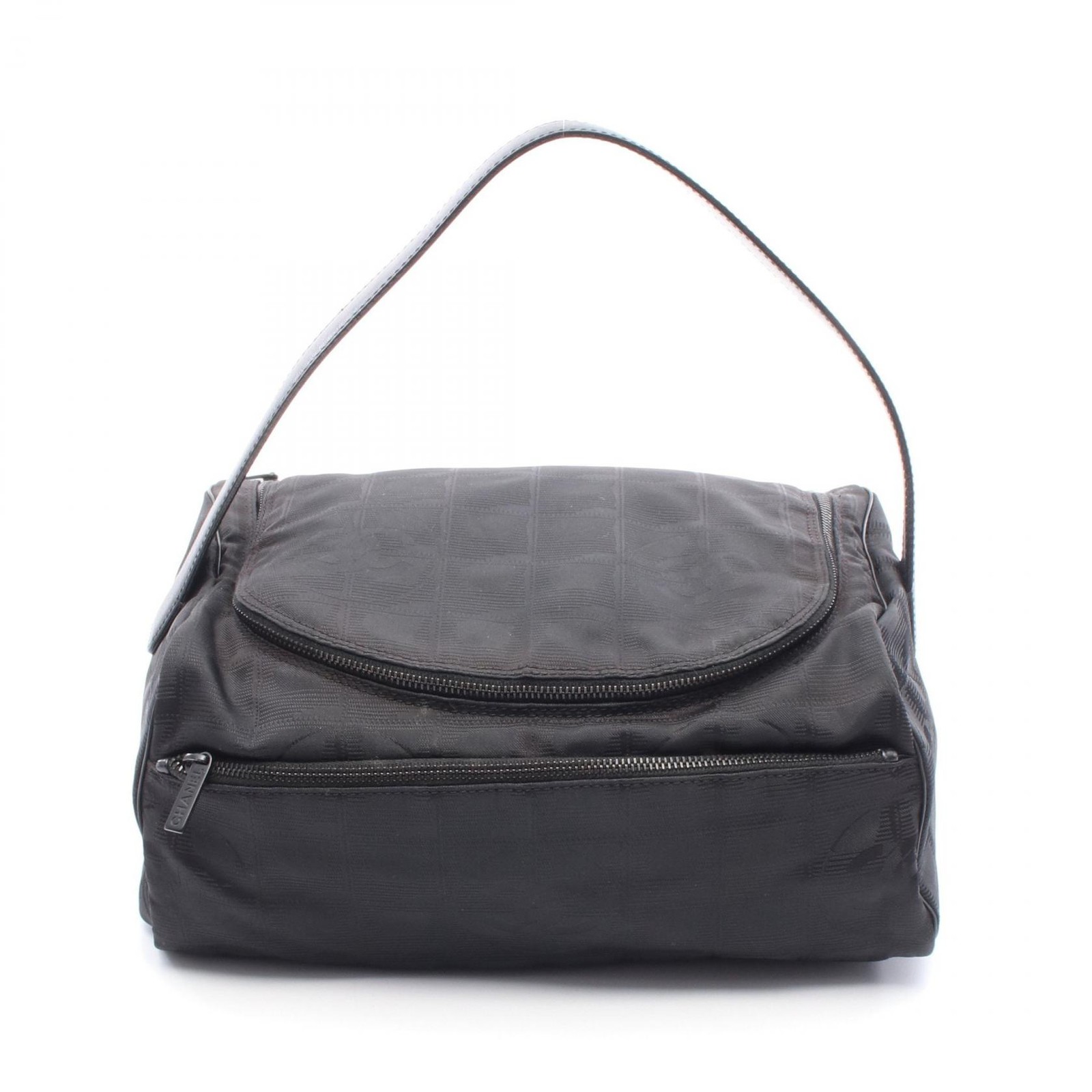 CHANEL Vintage Travel Line Leather Nylon Canvas Black Handbag Pre-Owned
