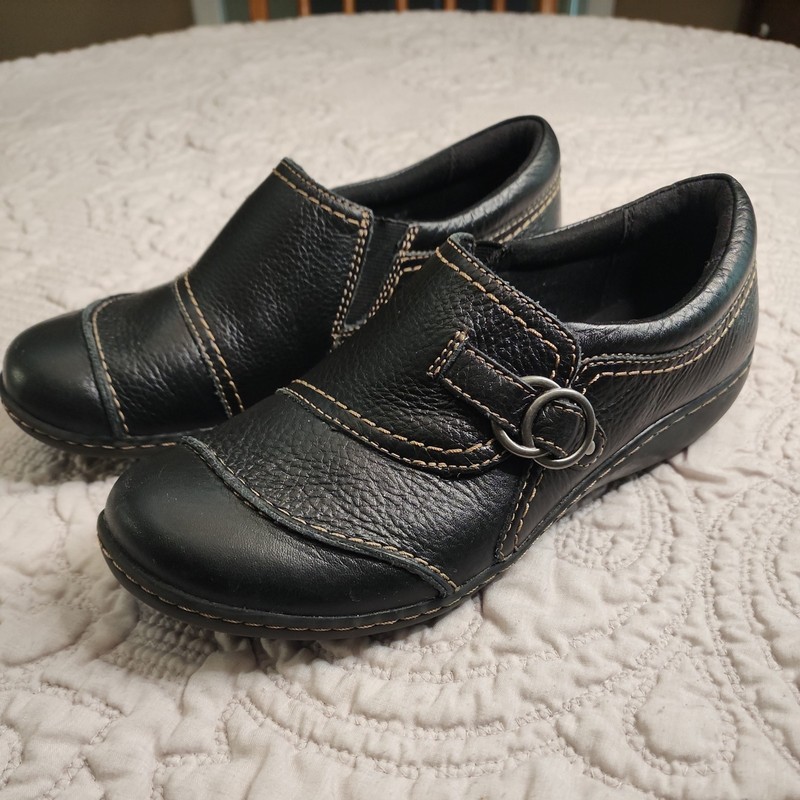Clarks Ashland Indigo Black Leather Clogs Slip On Loafers Women's Size 8M Comfy