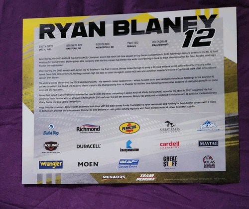 Ryan Blaney 2023 Champion 8x10 2024 NASCAR Fotos DUTCH BOY ATLAS - Bild 2 von 2