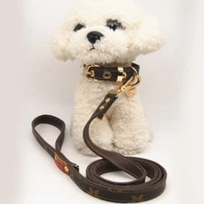 Faux Leather Dog Collar & Leash Set Brown/Gold Hardware Luxury Pet Fashion