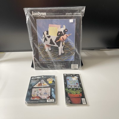 Vintage Craft Kits Set Of 3 Janlynn Cow Memo Holder House Cross Stitch Parsley
