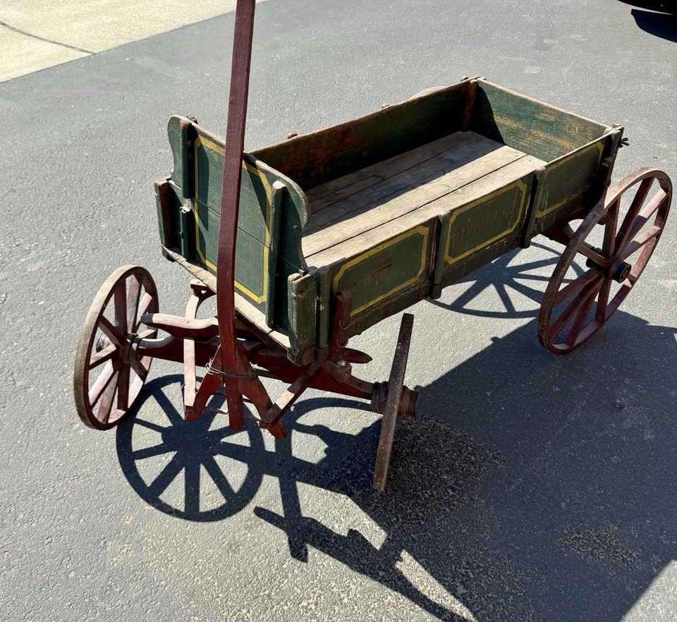Antique Peerless Wooden Iron Wheel Pull Wagon 19th Century Primitive Goat Cart - Image 4 of 4