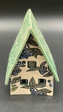 Handmade Ceramic Tea‑Light House with Star Cutouts – Green Roof Luminary