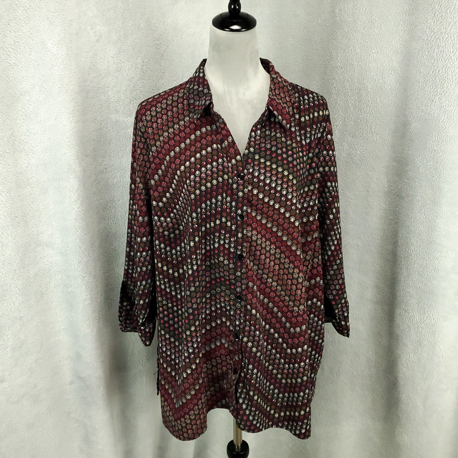 Catherines Womens To Size 1X Zig Zag Dots Button Up 18W 20W Stretch Top