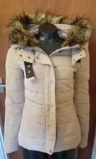 New Zara Basic Women's Faux Fur Trim Hooded Jacket Stone Xs Uk 10
