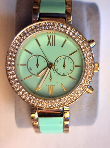 Accutime Watch Corp Women's Green & Silver Cuff Watch Rhinestones New Battery...