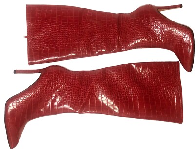 Catherine Malandrino Croc. Embossed Red Stiletto Knee Hi Boots Size 8 W Elastic