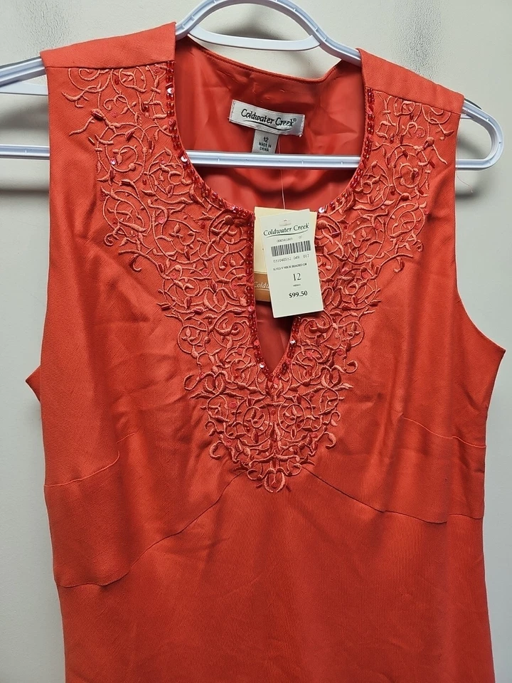 Nuevo con etiquetas Maxi Vestido Coldwater Creek Talla 12 Mezcla de Lino Sin Mangas Naranja Cuello en V Cuentas Foto 2 de 4