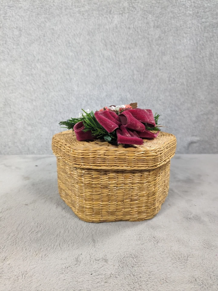 "Pequeña cesta de Navidad de mimbre vintage con cinta de tapa floral multicolor 4""" Foto 3 de 4