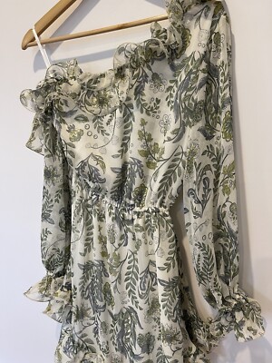 Angel Biba Womens One Shoulder Green Floral Longsleeve Mini Dress Size 8/S  EUC | eBay Australia