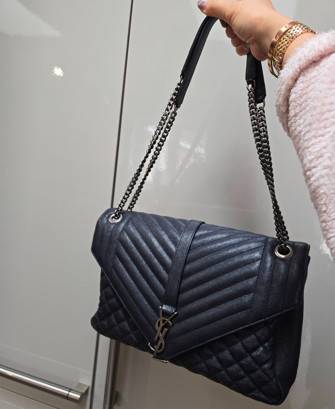 BORSA MESSENGER YSL YVES SAINT LAURENT GRANDE BLU NAVY IMBOTTITA BUSTA IN PELLE