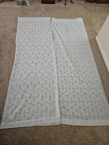 Set of 2 Vintage Delicate Lace Curtain Long Baby Blue Floral Panels 59×87 - Picture 2 of 14