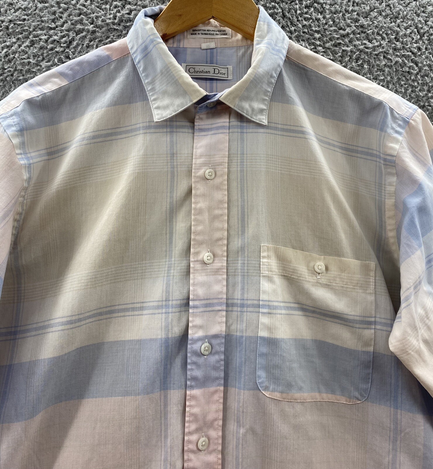 Christian Dior Button Up Shirt Mens Large Light Blue Yellow Pink Plaid
