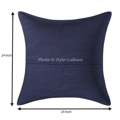 Indian Cotton Outdoor Cushions Blue 24 x 24 Inch Patchwork Floral Pillow Covers - Picture 2 of 3