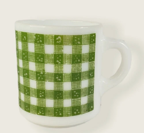 Vintage Hazel Atlas Milk Glass Coffee Mug Tea Cup Green Gingham Checks Print