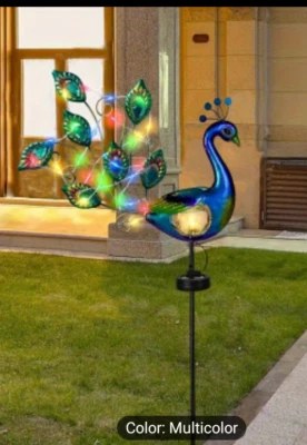 GARDEN LIGHTS SOLAR POWERED COLORFUL PEACOCK METAL STATUE (COLOR CHANGING LED LIGHTS- NIB