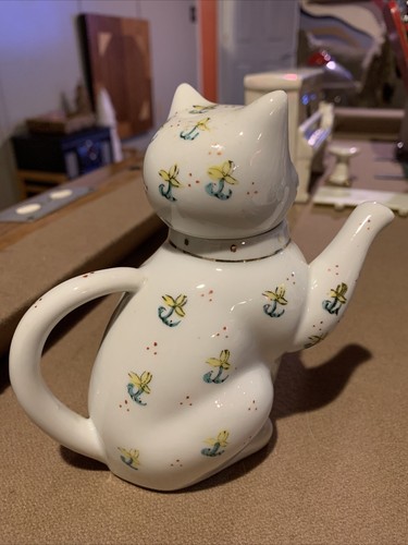 Vintage Chinese Oriental Ceramic White W/flowers & Gold Kitty Cat Teapot/Creamer - Picture 3 of 9