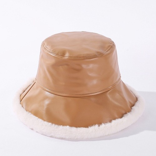 Waterproof Warm Faux Leather Bucket Hat Women Plush Fleece Brim Fishing Lady cap - Picture 12 of 15