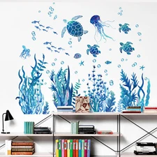 Ocean Wonders Wall Decals Removable Jellyfish Turtle Fish Sticker DIY Home Decor