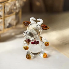 Qfkris Mini Cow Sculpture Hand Blown Glass Animal Art Farm Figurine Animals Mini
