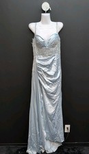 HY Sleeveless Satin Embellished Pleated Fitted Long Wedding Dress Size 6 Blue