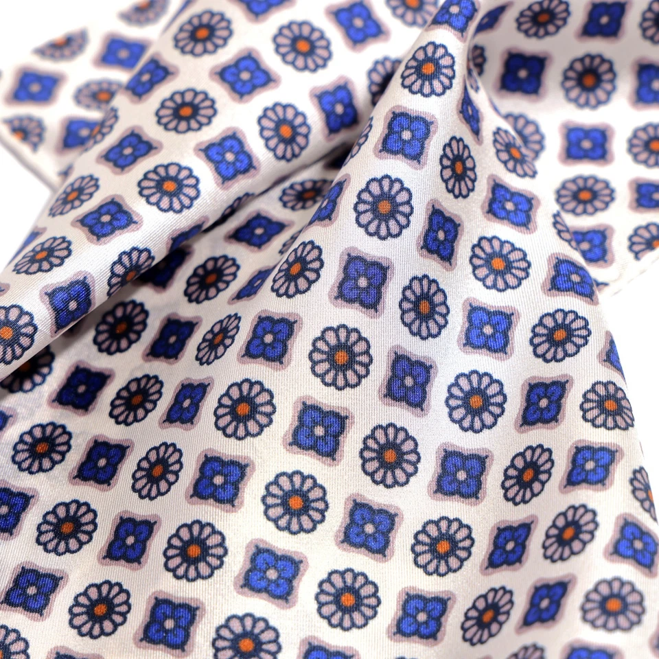 Men's 100% Silk White Blue Micro Floral Pocket Square Hand Rolled Wedding 11.8" - Image 4 of 4