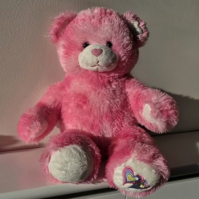 Build a Bear Valentine rosa zotteliger Bär weiß Herz Ohren Hände bestickt Liebe 
