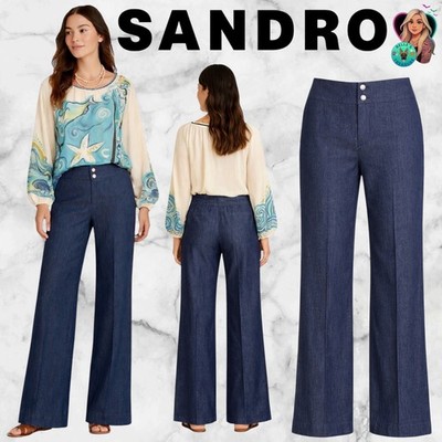 Sandro Womens 12 Chambray Wide Leg Trouser Pants Dark Wash High Rise Stretch