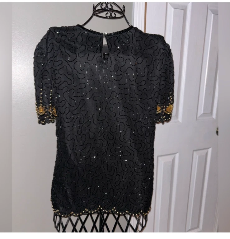 Blusa vintage años 80 Laurence Kazar grande negra lentejuelas adornada con cuentas flapper Foto 2 de 4