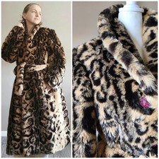 Vintage Rare Leopard Print Faux Fur Belted Coat Mob Wife Overcoat Trench - S/M