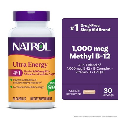 4-in-1 Blend 1000mcg B12, Vitamin B Complex,Vitamin D, CoQ10 Capsules 30 Ct