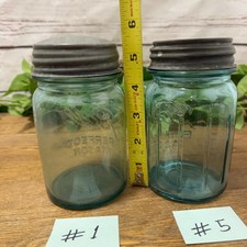 2 VTG BALL PERFECT MASON BLUE GLASS PINT Fruit Canning Jars Zinc Cap Lids #1 #5