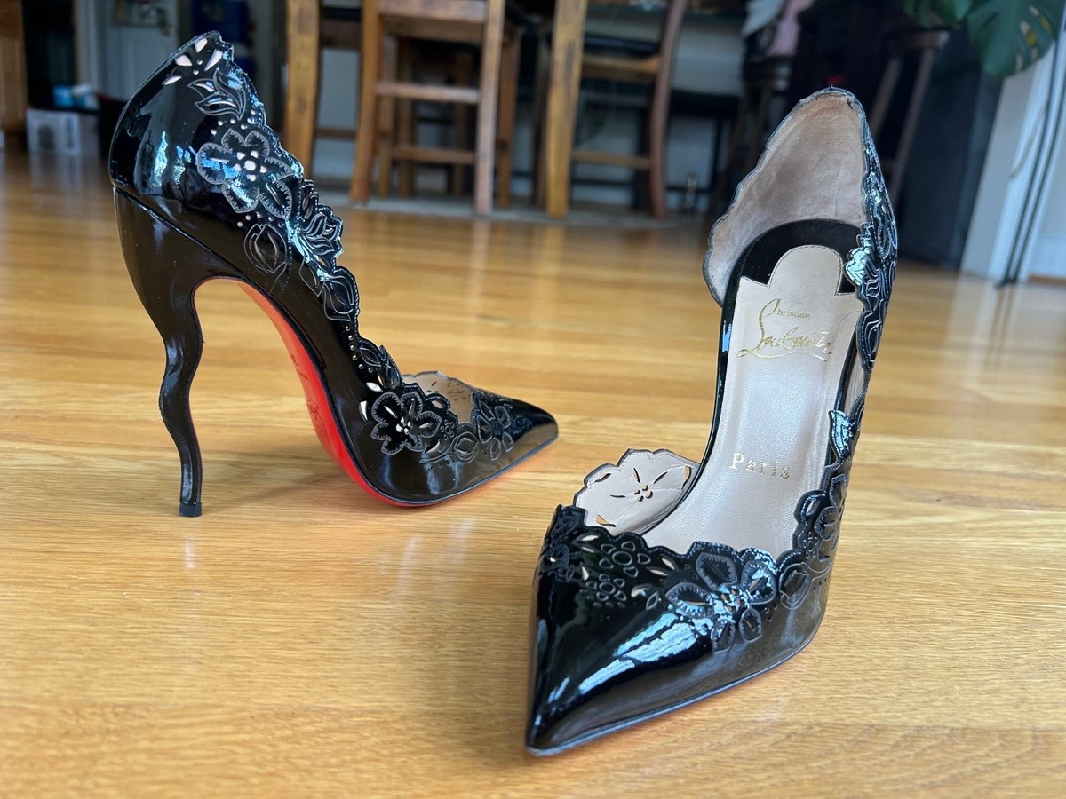 CHRISTIAN LOUBOUTIN Beloved 120 Black Patent Floral D'orsay Pumps