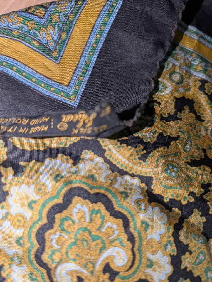 Vintage Silk Pocket Square Handkerchief Green Paisley Ashear Black Made In Italy - Image 4 of 4