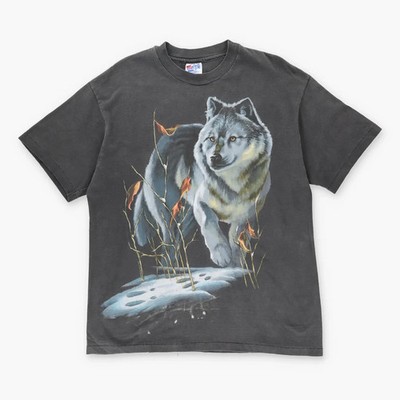 Vintage Lone Wolf & Rabbit 1993 Winter Snow Double Sided T-Shirt USA Made (L)