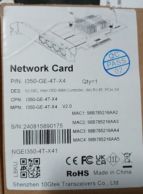 PCIe x4 I350-T4 Quad-1G RJ45 Machine Vision NIC Chipset: Intel NHI350AM4
