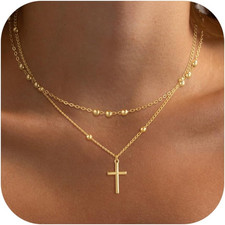 Cross Necklace for Women Dainty 14K Real Silver Gold Plated Layered Cross Pendan