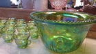 Indiana Carnival Glass Iridescent Lime Green Punch Bowl Set 12 cups hooks Ladle